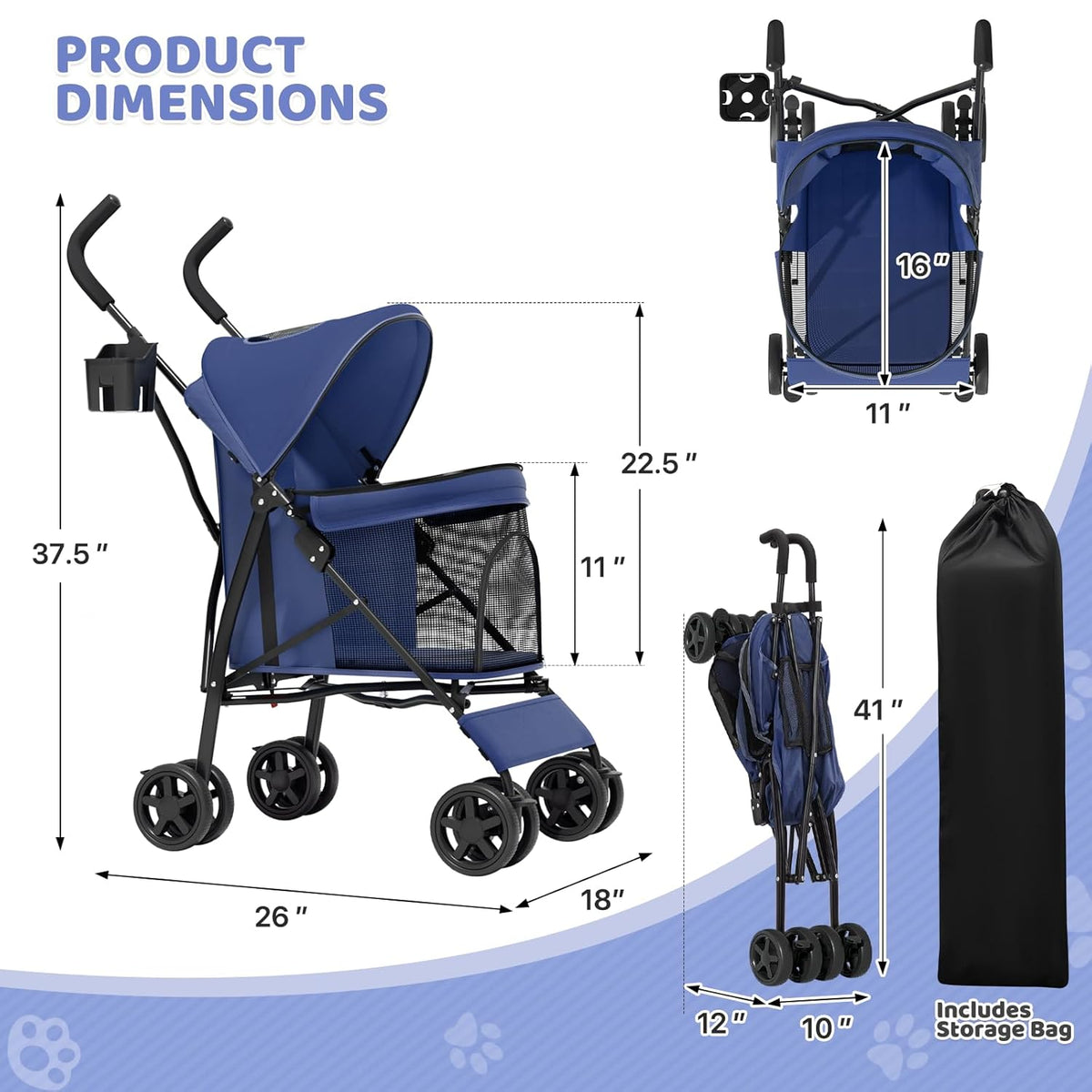 Magshion Compact Pet Stroller for Small-Medium Dogs/Cats up to 22lbs, 4-Wheel Lightweight Umbrella