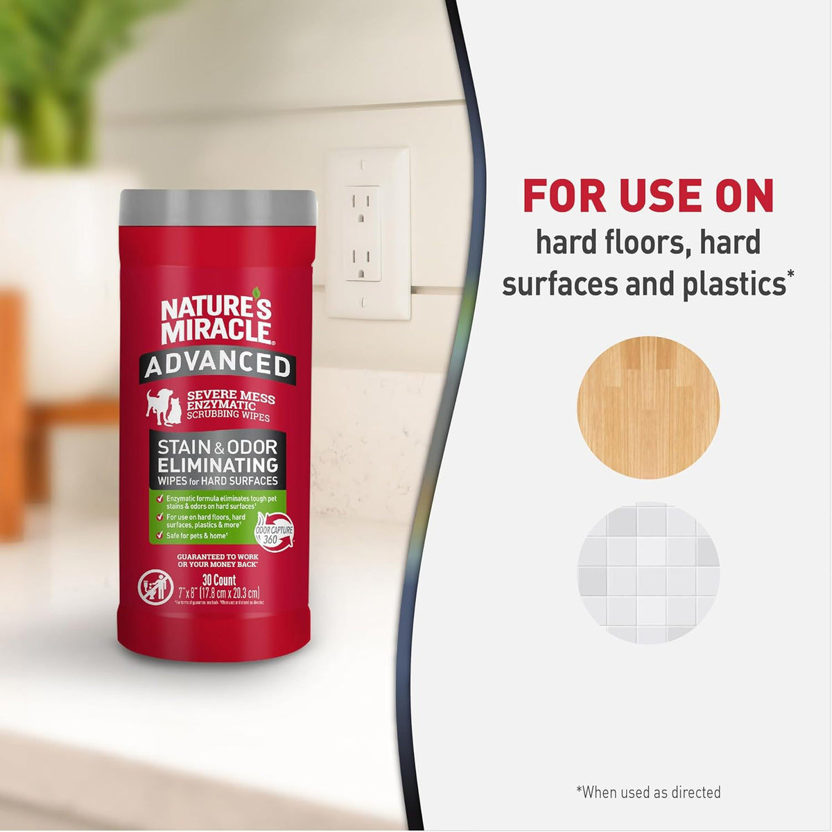 Nature’s Miracle Advanced Stain And Odor Eliminating Wipes for Hard Surfaces, 30 Count, Enzymatic