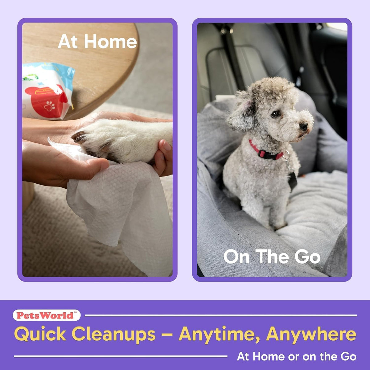 PETSWORLD Pet Wipes for Dogs & Cats, Unscented, Hypoallergenic, Chemical-Free, Biodegradable (98%)