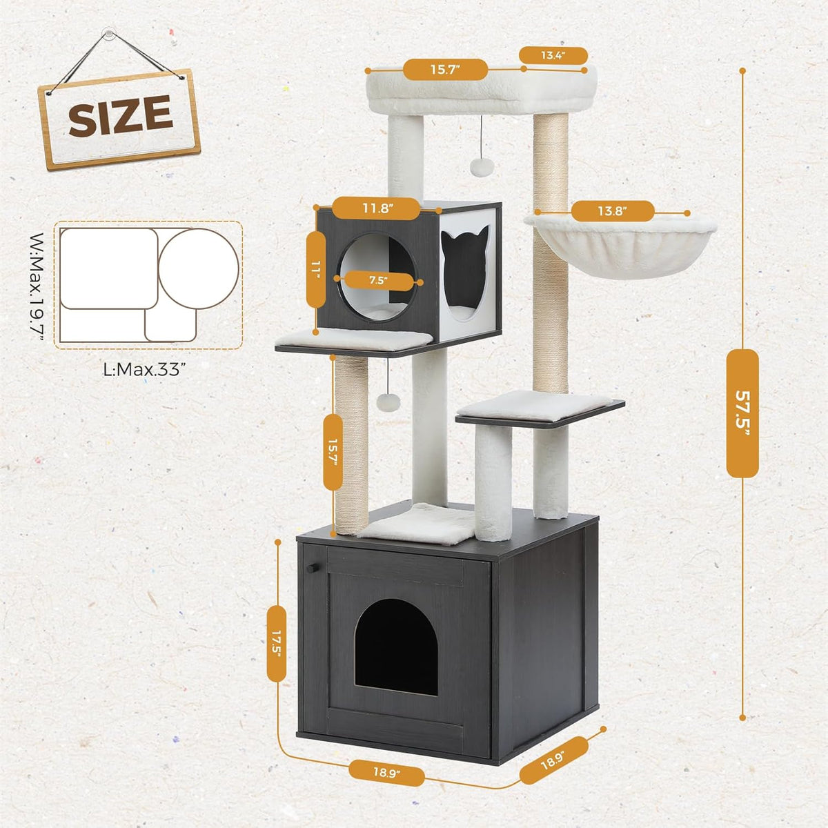 Tall Cat Tree with Litter Box Enclosure 57.5" Wooden Cat Tower for Large Cats with Cat Hammock