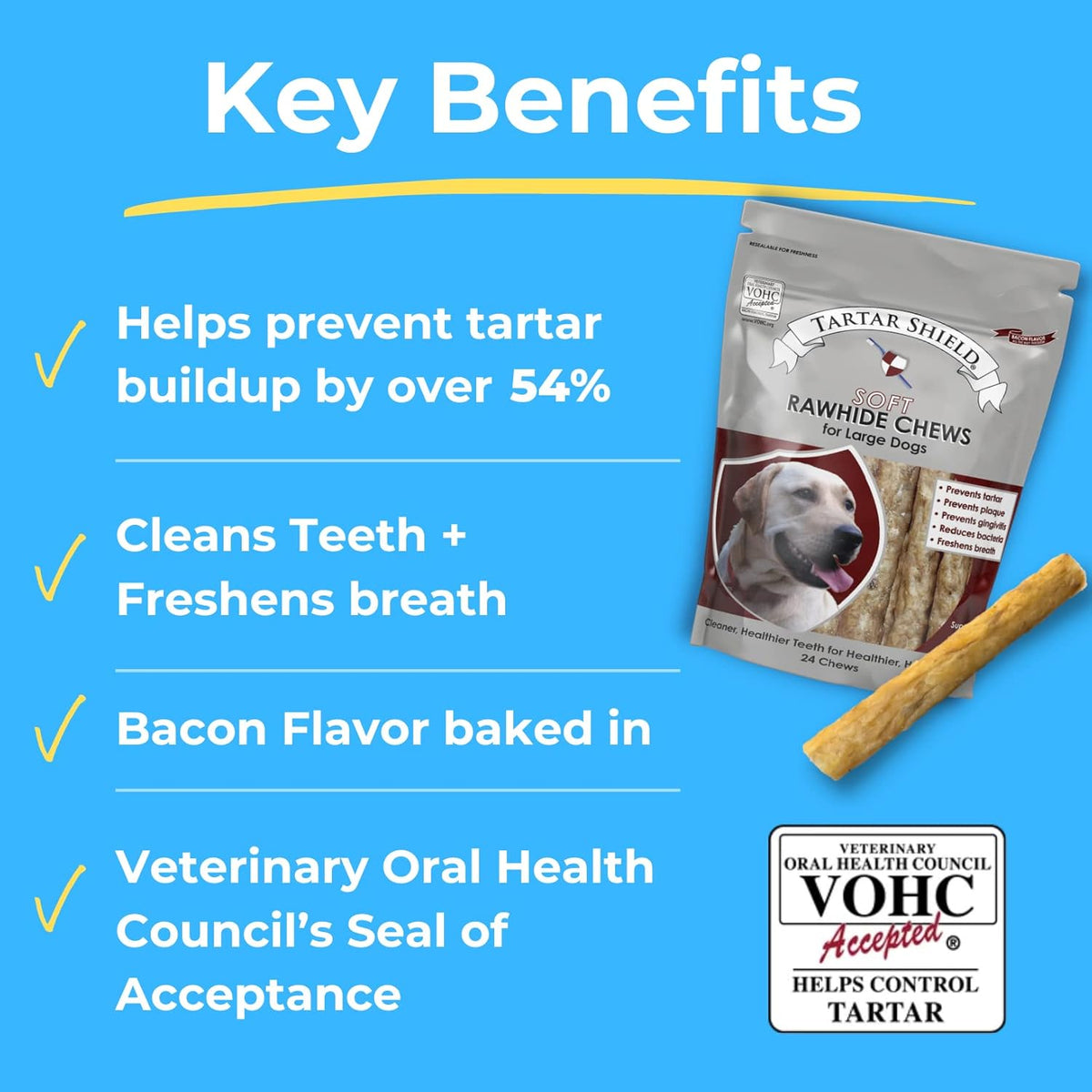 Tartar Shield Soft Rawhide Chews | Safe Dental Treats for Large Dogs | Vet VOHC Approved | Daily