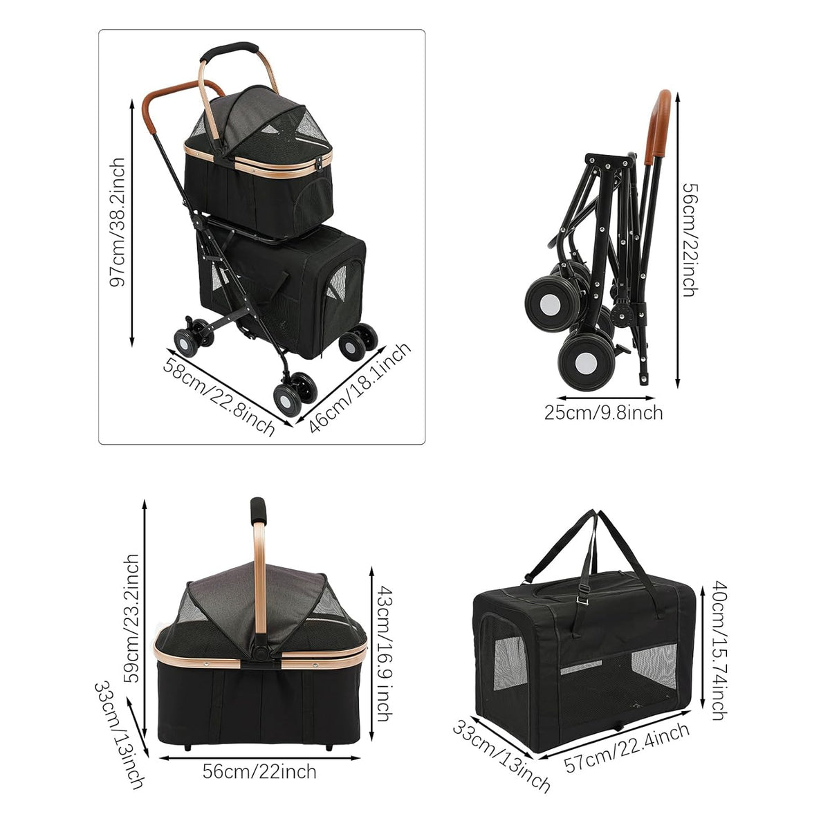 Foldable Pet Stroller for Small & Medium Dogs, Double Dog & Cat Stroller with 3-in-1 Travel System