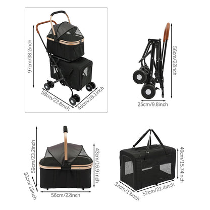 Foldable Pet Stroller for Small & Medium Dogs, Double Dog & Cat Stroller with 3-in-1 Travel System