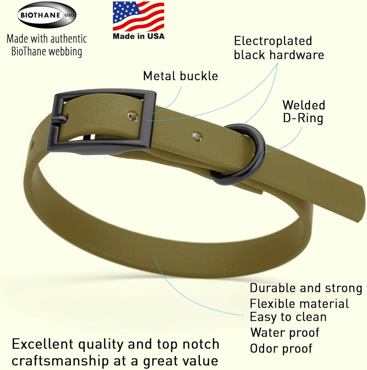 Dogline Biothane Waterproof Dog Collar Strong Coated Nylon Webbing with Black Hardware Odor- Proof