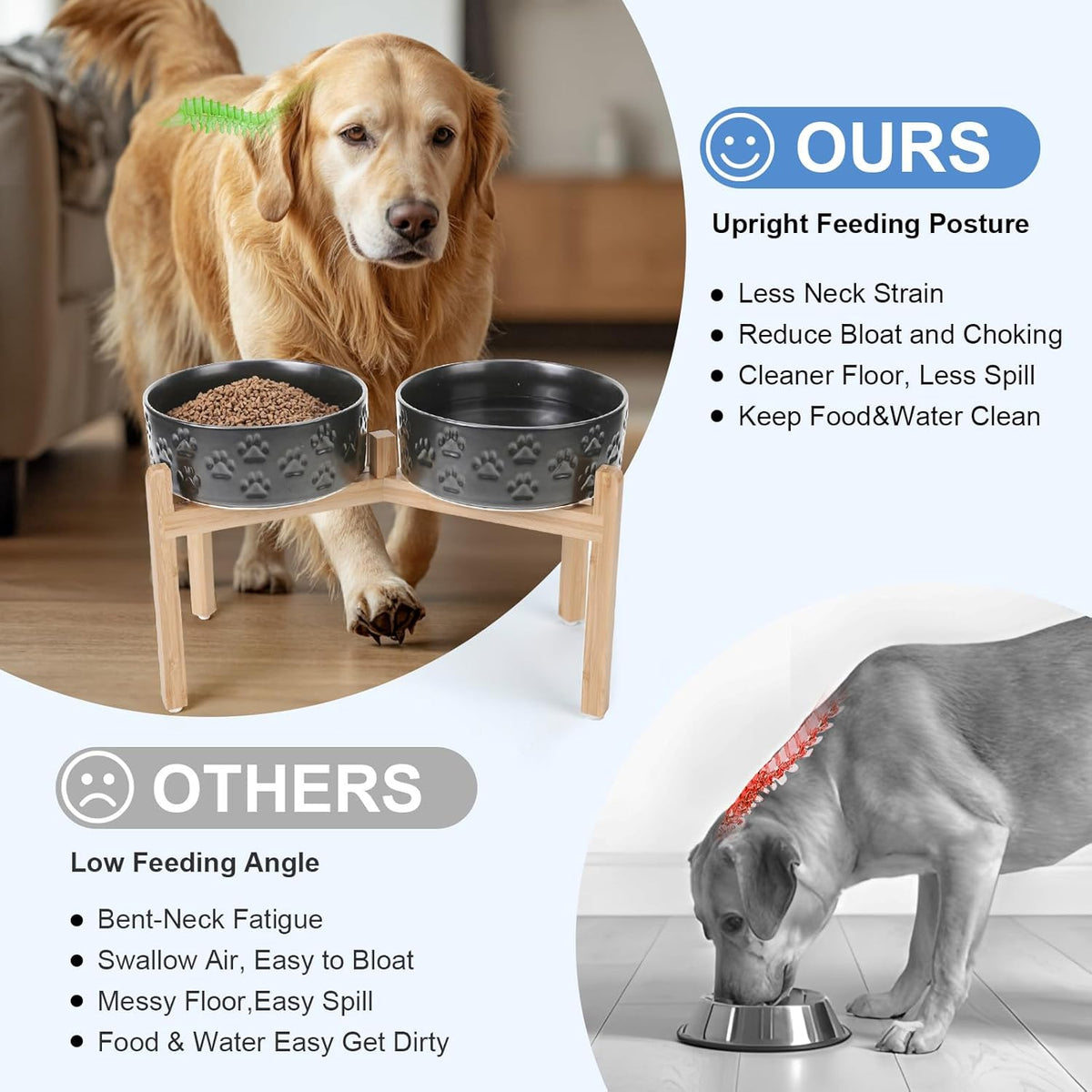 SPUNKYJUNKY Elevated Dog Bowls Ceramic, 8.3'' Dogs Food Water Bowls Raised with Non-Slip Bamboo