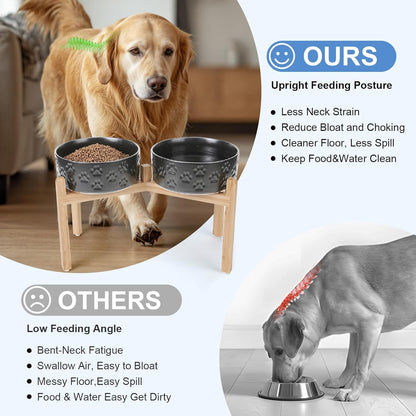 SPUNKYJUNKY Elevated Dog Bowls Ceramic, 8.3'' Dogs Food Water Bowls Raised with Non-Slip Bamboo