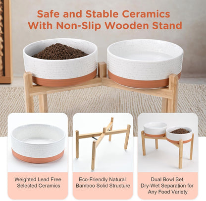 SPUNKYJUNKY Elevated Dog Bowls Ceramic, 8.3'' Dogs Food Water Bowls Raised with Non-Slip Bamboo