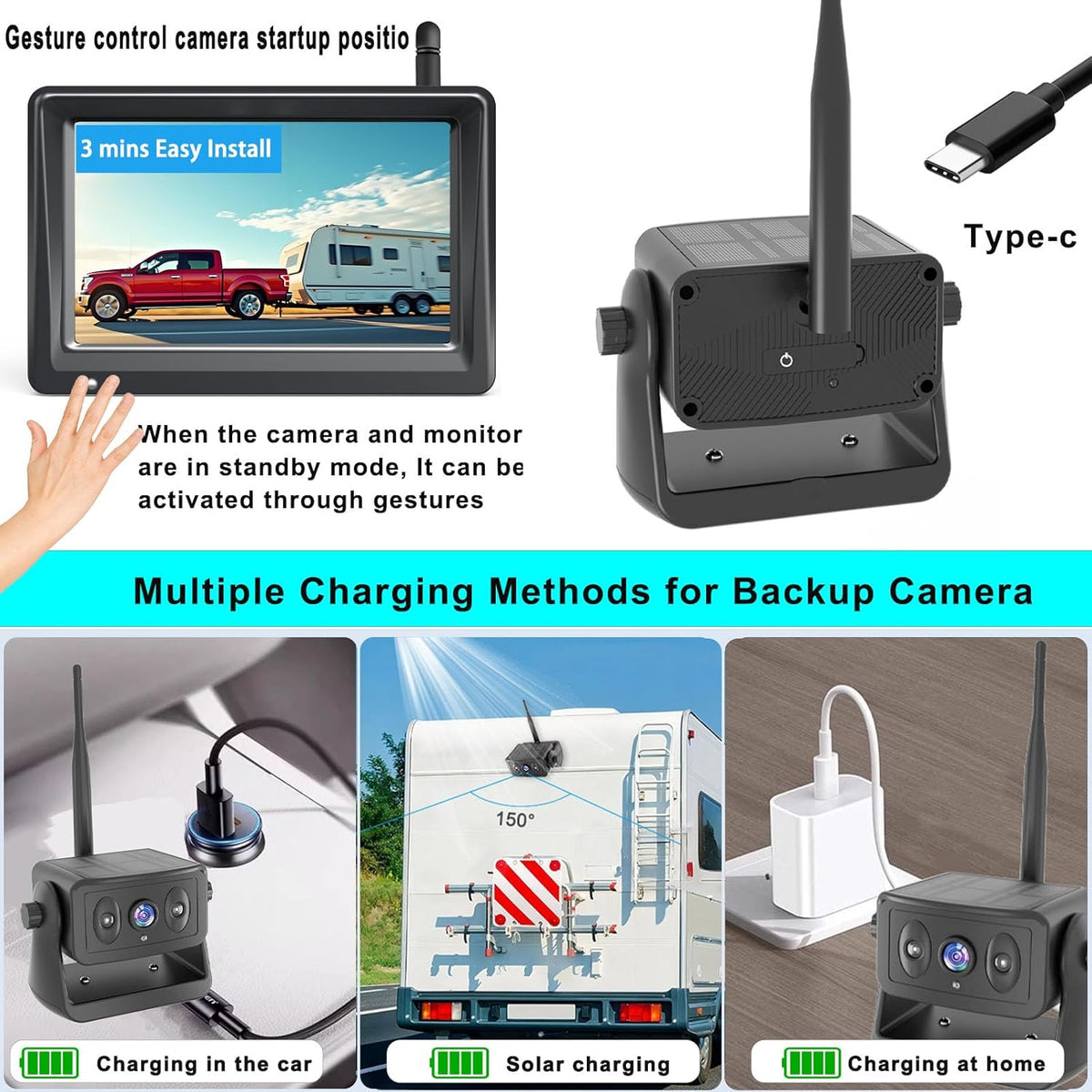 Wireless Backup Camera for Trucks & RVs, Solar - Powered - Magnetic, Portable, No - Drill, No