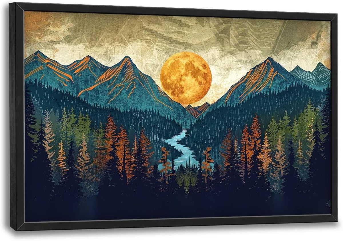 Quorin Boho Mountain Large Wall Art Mountain Landscape Pictures Moon Pine Tree Forest Lake Wall