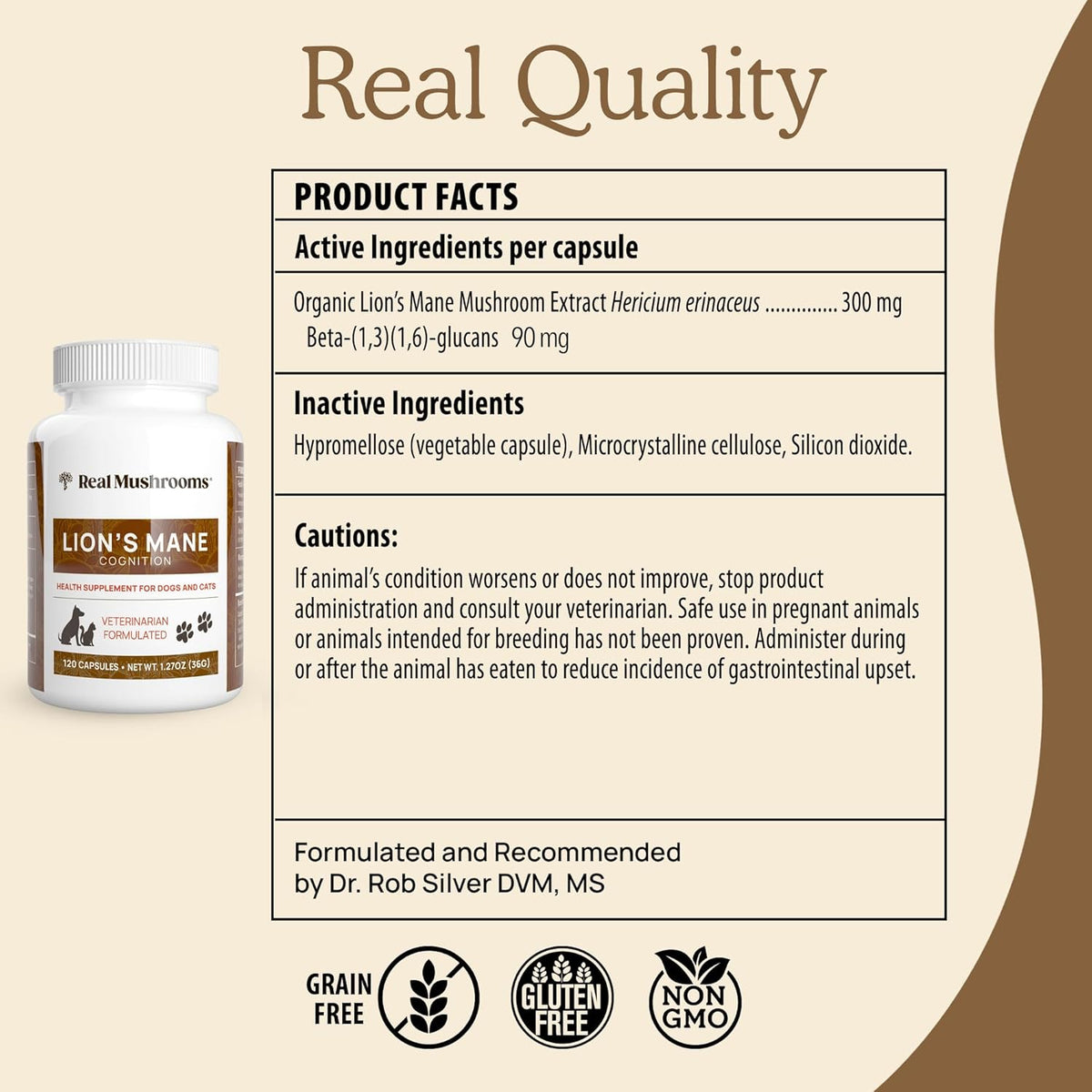 Real Mushrooms Lion’s Mane Pet Mushroom Supplement – Pet Wellbeing Capsules – for Cat & Dog