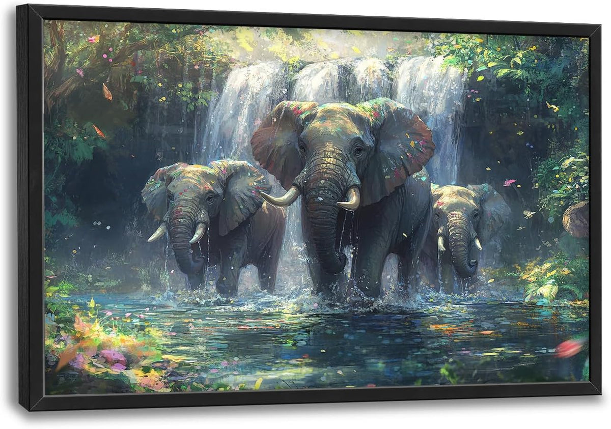 Large Elephant Wall Art for Living Room, Framed Oversized Forest Waterfall Wall Decor, Nature