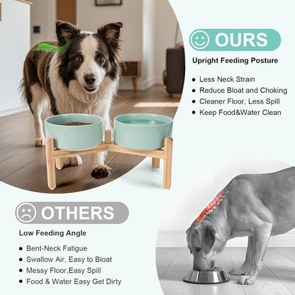 SPUNKYJUNKY Elevated Dog Bowls Ceramic, 7.3'' Dogs Food Water Bowls Raised with Non-Slip Bamboo