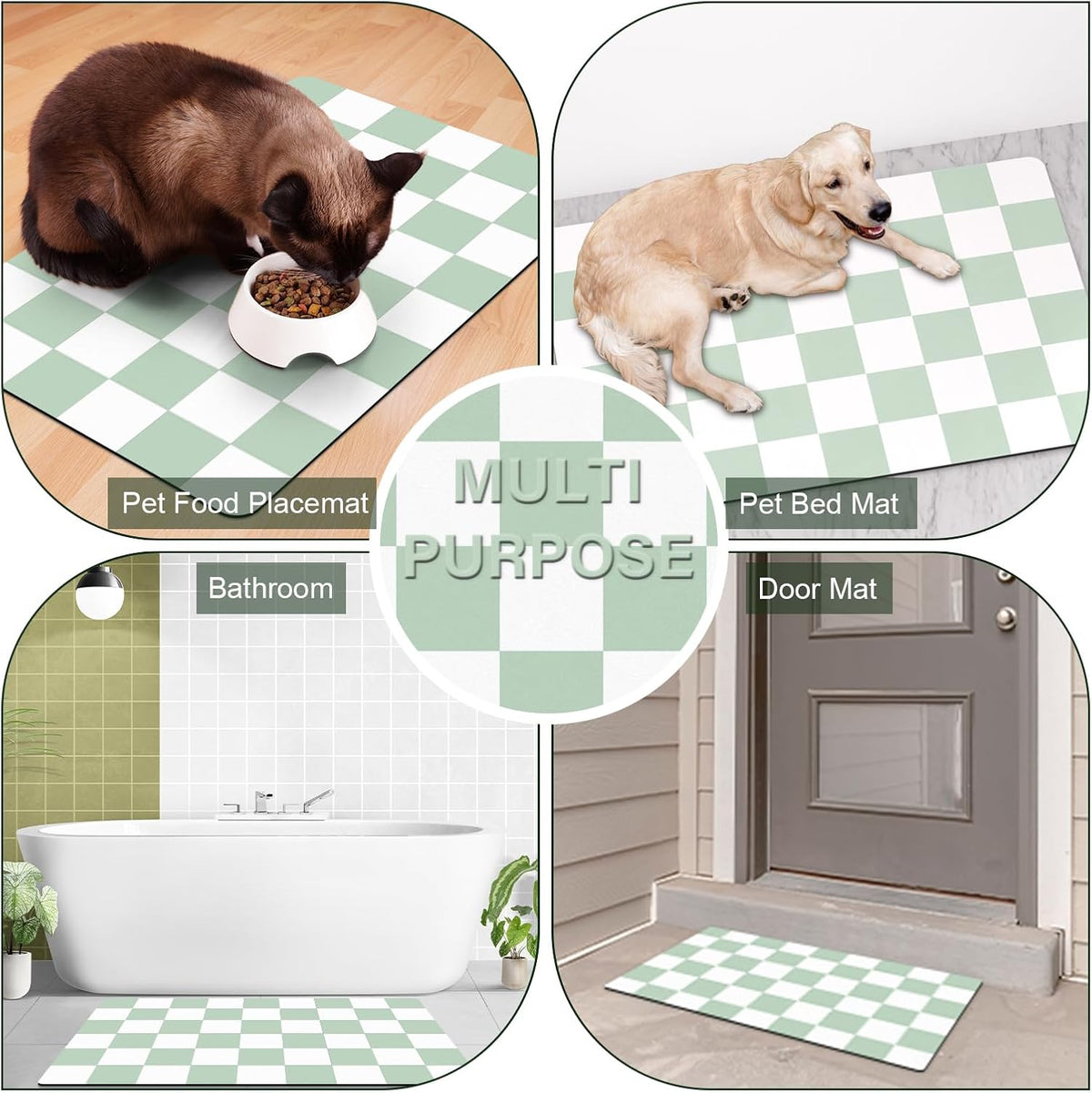 Cat Food Mat - 12"x 20" Cat Dog Mats for Food and Water Bowl, Checkered Pet Placemat Feeding Mat