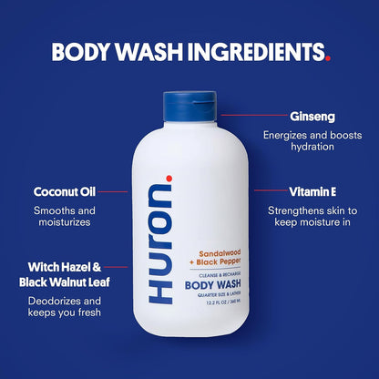 Huron Shower Kit - Shampoo, Conditioner, & Body Wash For Men - Sandalwood + Black Pepper Scent