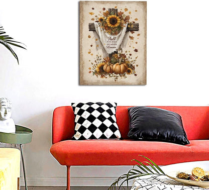 Christian Fall Wall Art Autumn Rustic Cross Sunflower Pumpkin Wall Decor Fall for Jesus He Never