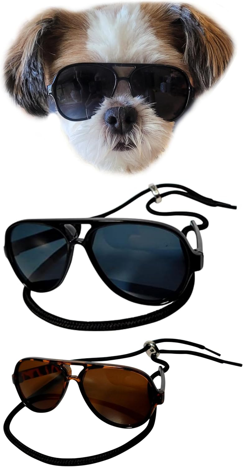 G029 Dog Cat Pet Aviator Pilot Sunglasses Glasses for Small Breeds up to 15lbs (2-Pack Black +