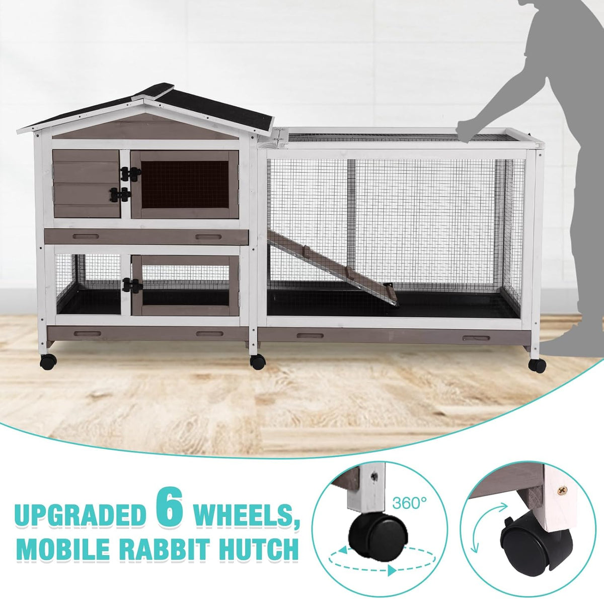 62" Rabbit Hutch with Chew-Proof Ramp & Waterproof Roof - Indoor/Outdoor Bunny Cage, 2-Story