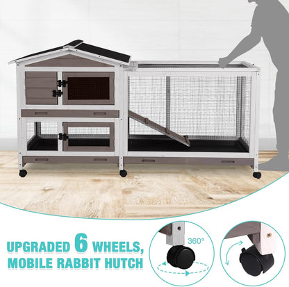 62" Rabbit Hutch with Chew-Proof Ramp & Waterproof Roof - Indoor/Outdoor Bunny Cage, 2-Story