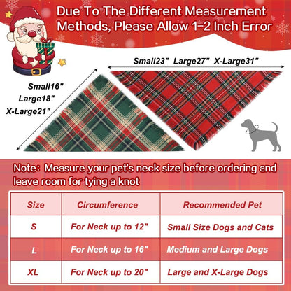 Vivifying Dog Christmas Bandana with Tassels Edges, 2 Pack Classic Plaid Triangle Dog Apparel &