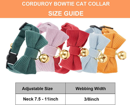 2 Pack Soft Corduroy Cat Collars with Bow Tie & Bell, Adjustable Breakaway Cotton Kitty Bowtie