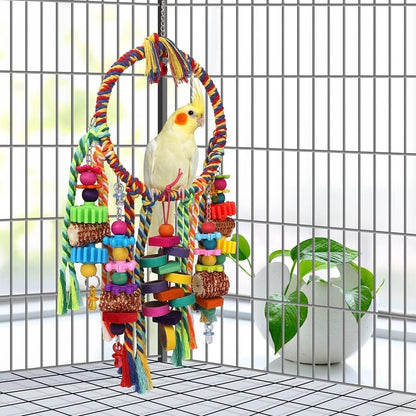 Bird Toys Bird Rope Ring Swing Perch with Corn Cob Cardboard Bagels Wooden Blocks Chewing Toys for