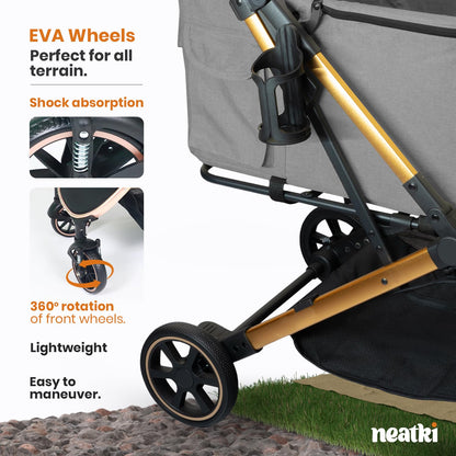 Foldable Pet Stroller for Dogs and Cats, 33 lbs Capacity, 360° Swivel Front Wheels, One-Click Fold