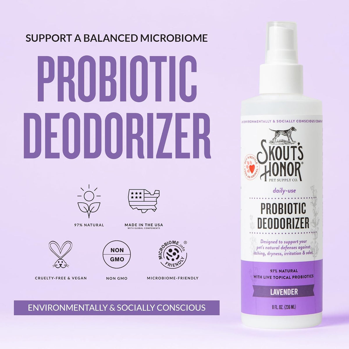 SKOUT'S HONOR Probiotic Pet Deodorizer Spray- Hydrating Daily-Use with Avocado Oil & Omega-3s