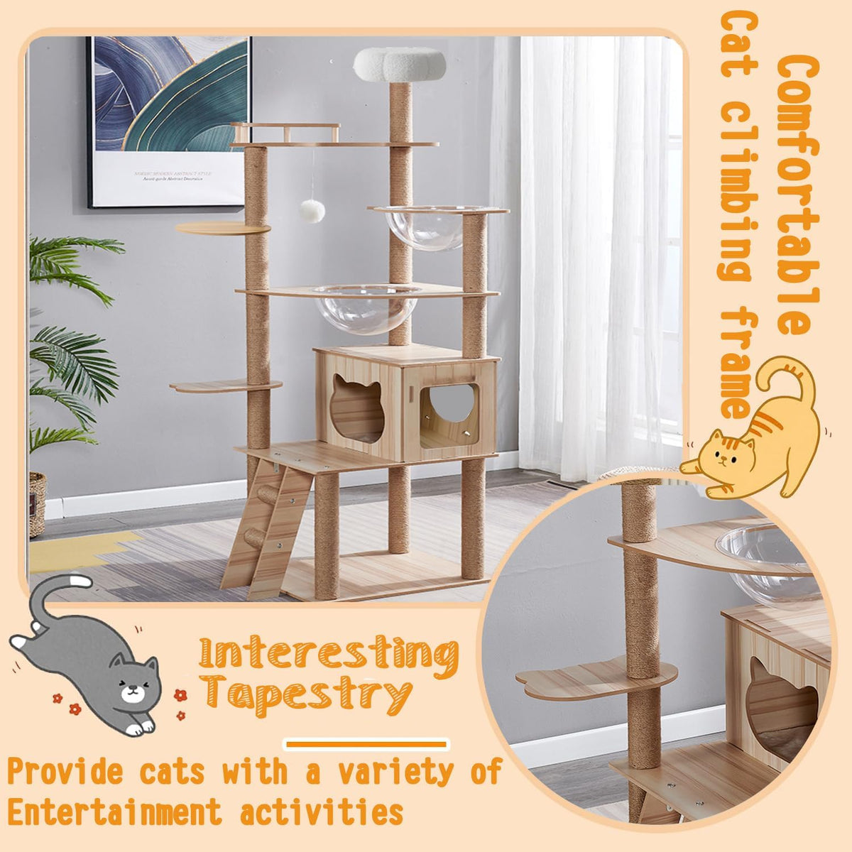 67-Inch Cat Tree for Indoor Cats Large Adult,Cat Tree Tower with Condo, Cat Stairs, 2 Bowl,14 Sisal