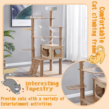 67-Inch Cat Tree for Indoor Cats Large Adult,Cat Tree Tower with Condo, Cat Stairs, 2 Bowl,14 Sisal
