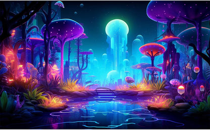 Fantasy Forest Aquarium Background Mysterious Plants Abstract Mushrooms Cartoon Style Forest