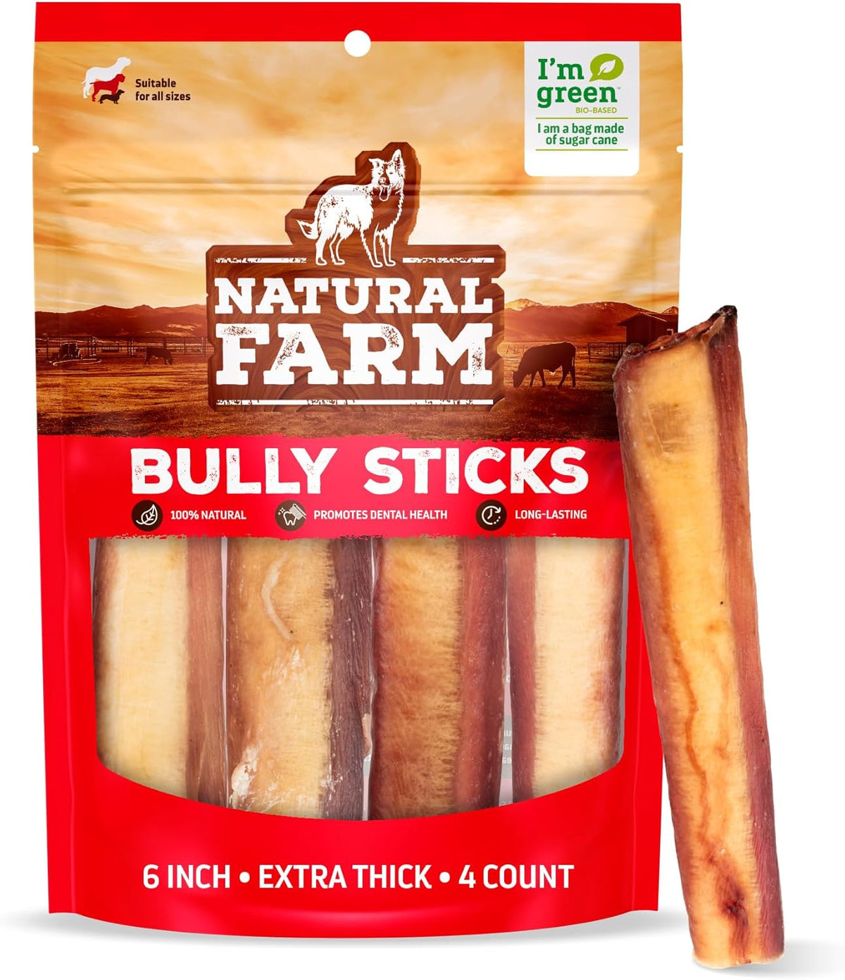 Natural Farm Jumbo Bully Sticks (6 Inch, 4 Pack), Odor Free, Extra-Thick Dog Chews - Fully