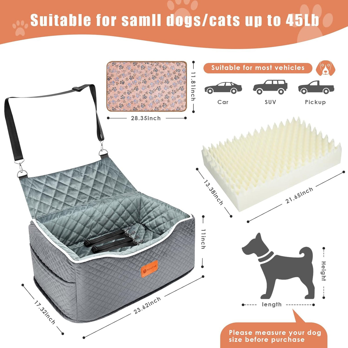 Memory Foam Booster Dog Car Seat for Medium Dogs Under 45 LBS, Elevated Pet Car Seat with
