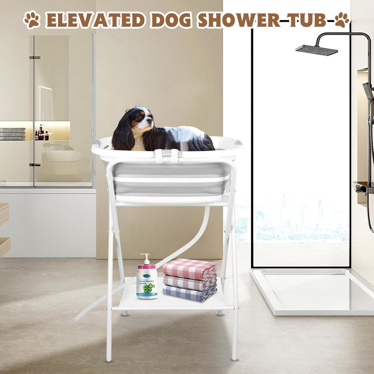 YUEPET Elevated Collapsible Dog Bathtub, Portable Shower Tub with Safety Collar, Foldable Dog