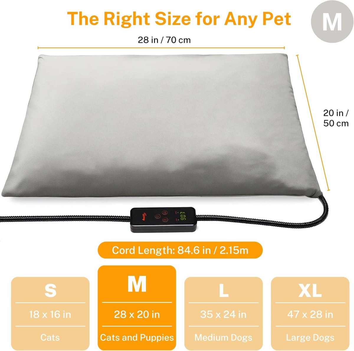 Toozey Medium Pet Heating Pad, 28x20 in, 6 Temp Settings, Timer, Waterproof, Chew-Resistant Cord
