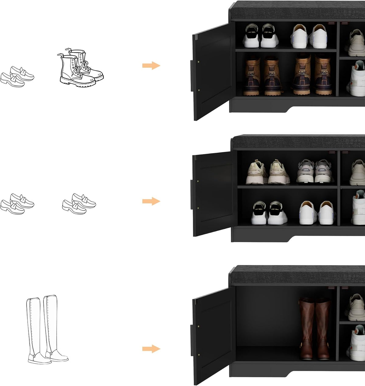 2-Tier Storage Bench, Shoe Bench with Thickened Padded Seat Cushion, Entryway Bench with 2 Doors