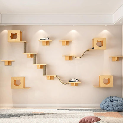 Cat Wall Shelves and Furniture Set with Condos, Perches, Bridge Ladders, Sisal Scratching Posts