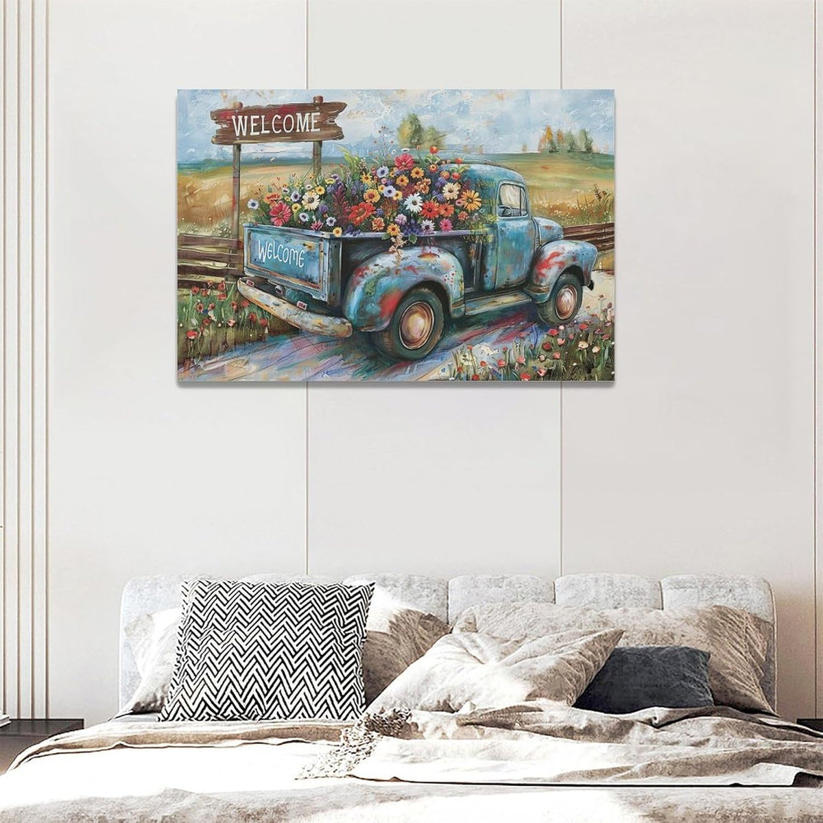 Farmhouse Truck Wall Art Rustic Country Wildflowers Wall Decor Road Flowers Landscape Pictures
