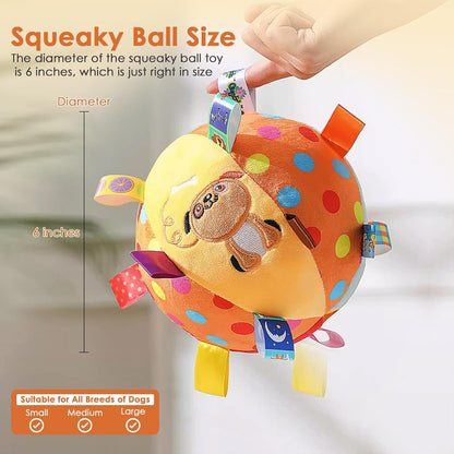 Dog Squeaky Plush Toy with Straps, 6-Inch Soft Stuffed Ball with Cotton Material and Bell Built-in