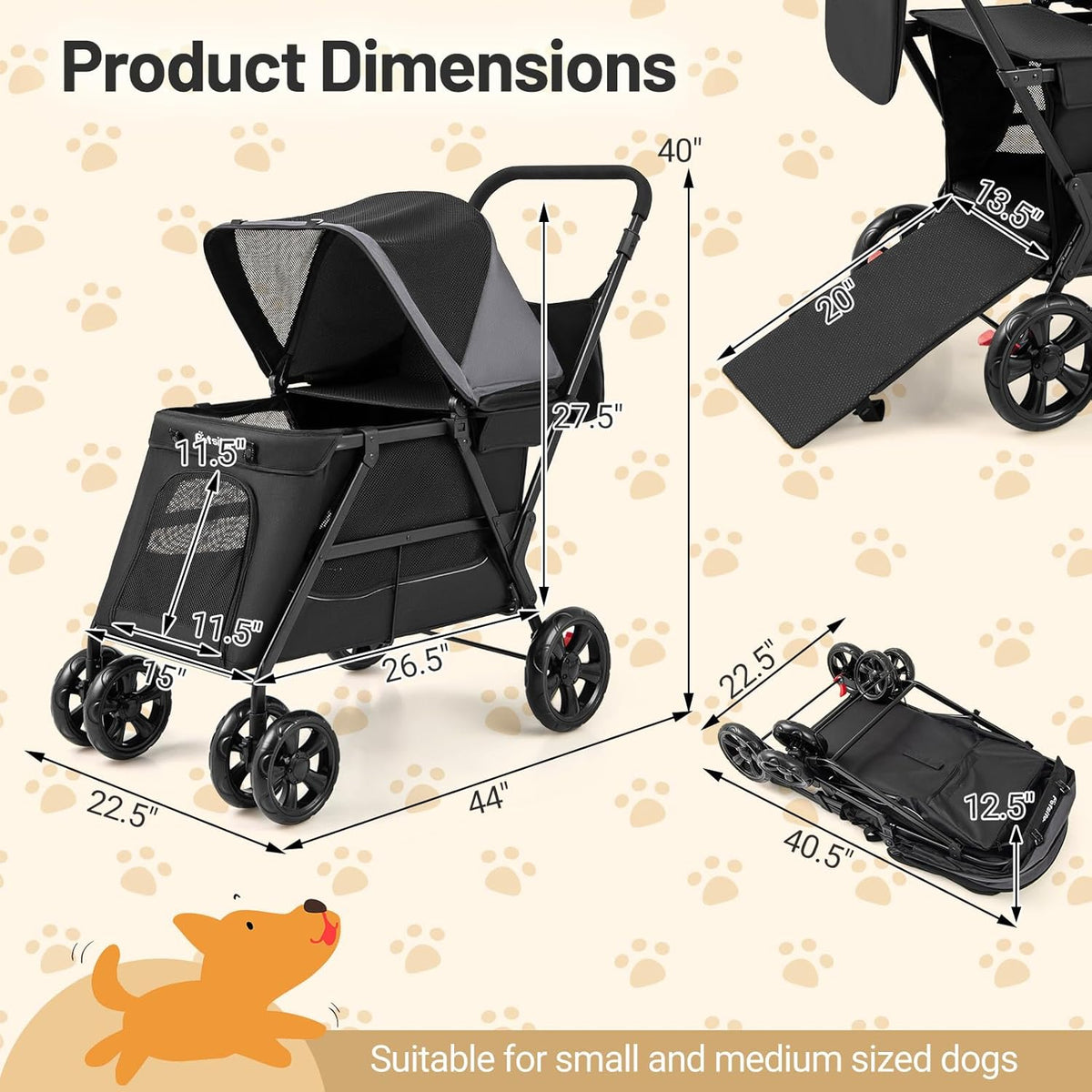PETSITE 4 Wheels Dog Stroller, Foldable Cat Stroller with Dual Entries, Ramp, Mesh Windows