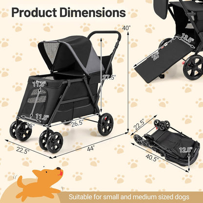 PETSITE 4 Wheels Dog Stroller, Foldable Cat Stroller with Dual Entries, Ramp, Mesh Windows