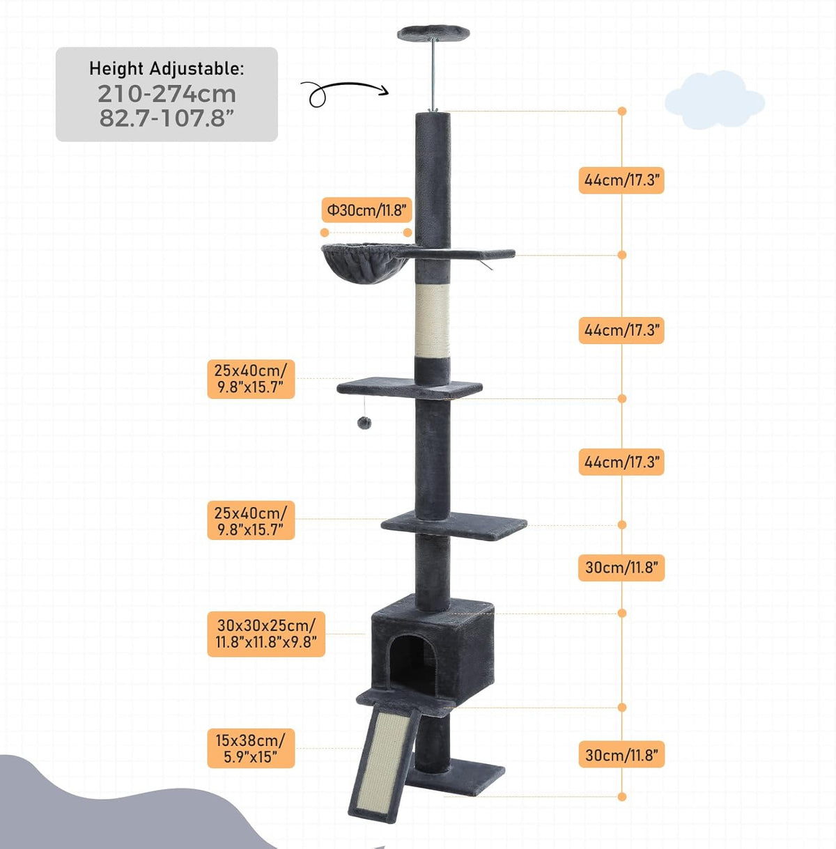 PEQULTI Floor to Ceiling Cat Tree, Tall Cat Tower, Adjustable Height (83''-108'') 5 Levels Climbing
