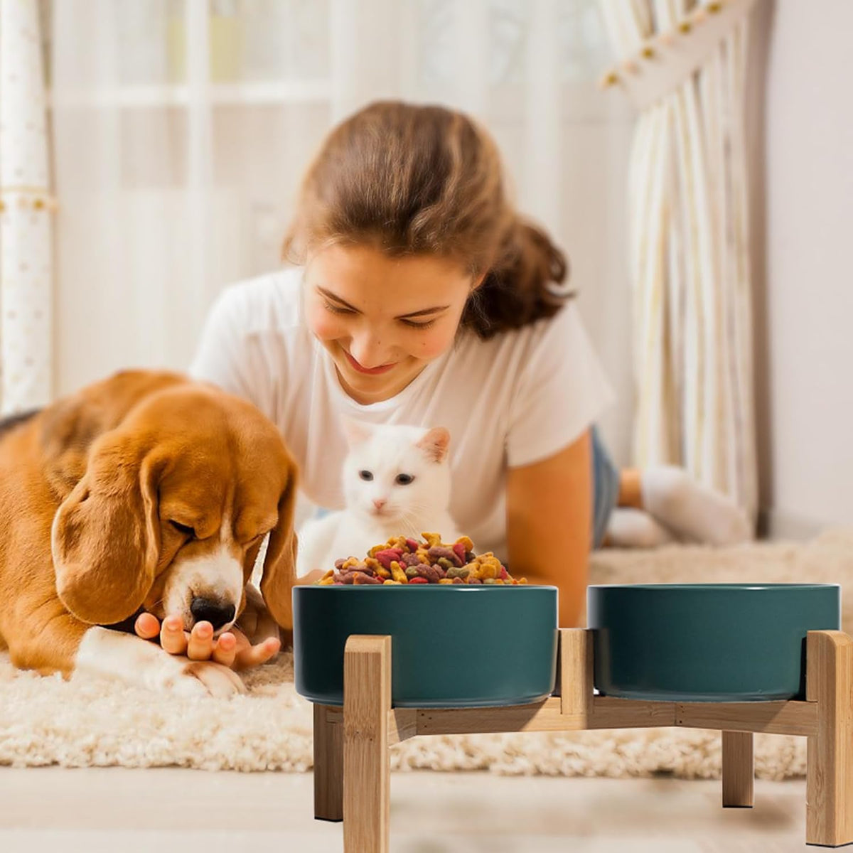 Elevated Ceramic Dog Bowl Set - Raised Dog Bowls with Non-Slip Bamboo Stand - Dog Food and Water