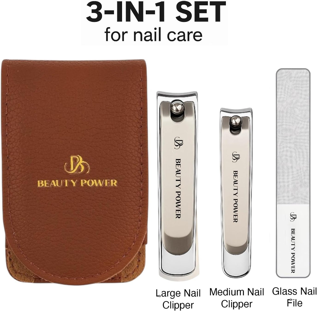 Nail Clippers Set 3 in 1 - Stainless Steel Toe Nail Clippers, Fingernail Clipper, Glass Nail File