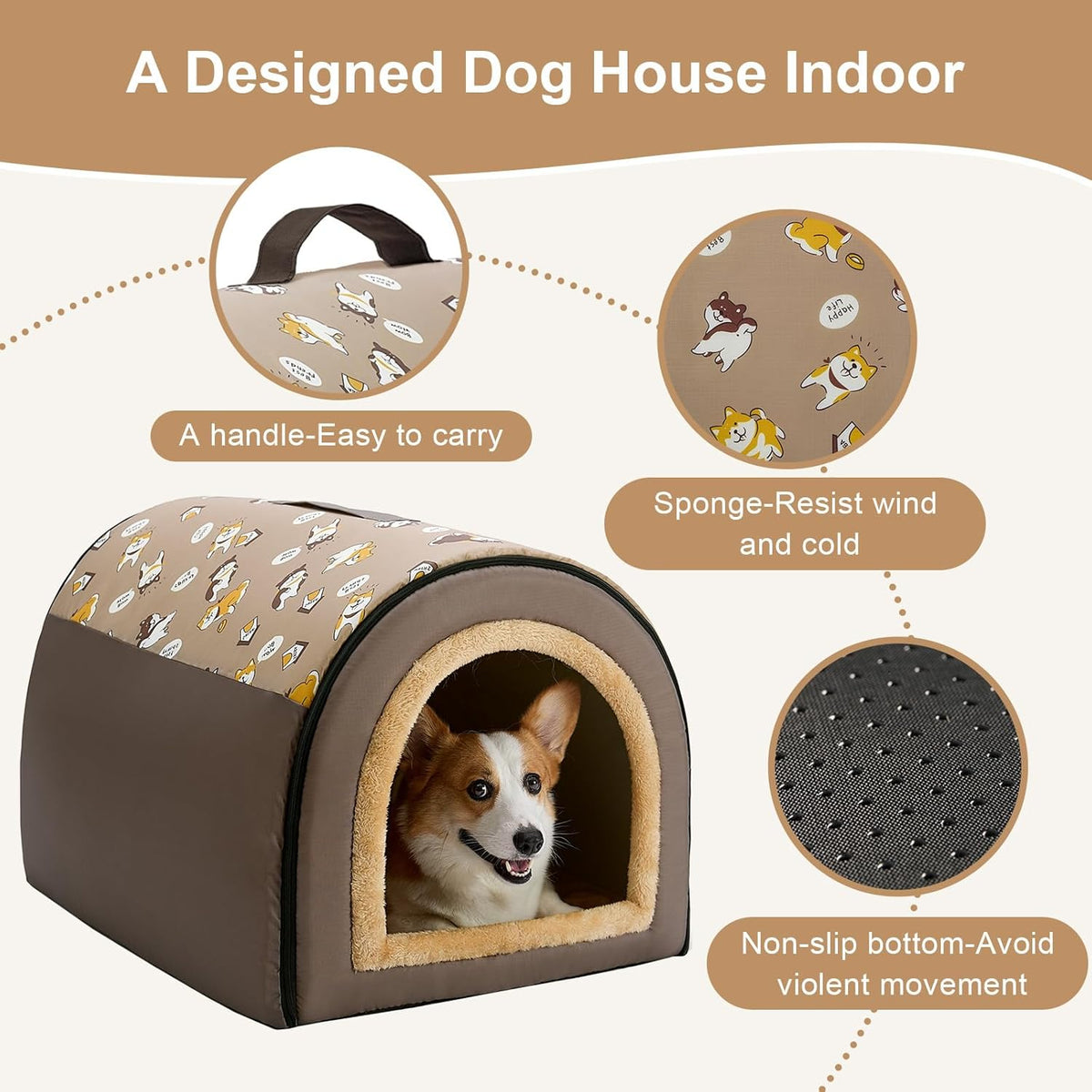 Jiupety 2 in 1 Dog House Indoor, Comfy Cave Bed Covered Dog Bed, Portable House for Medium and