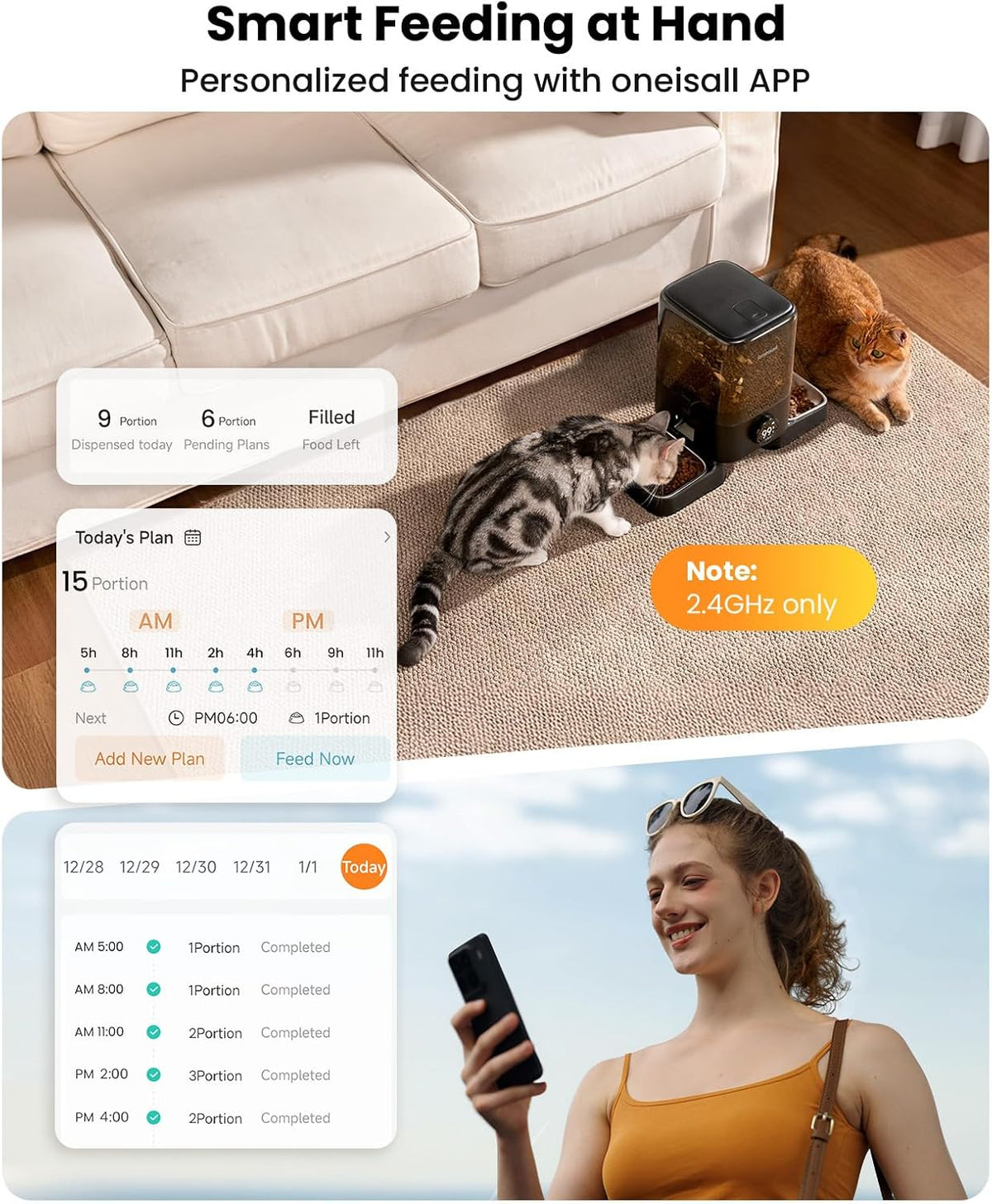 oneisall Wireless WiFi Automatic Cat Feeders 2 Cat, Rechargeable 100-Day Battery Operated Timed