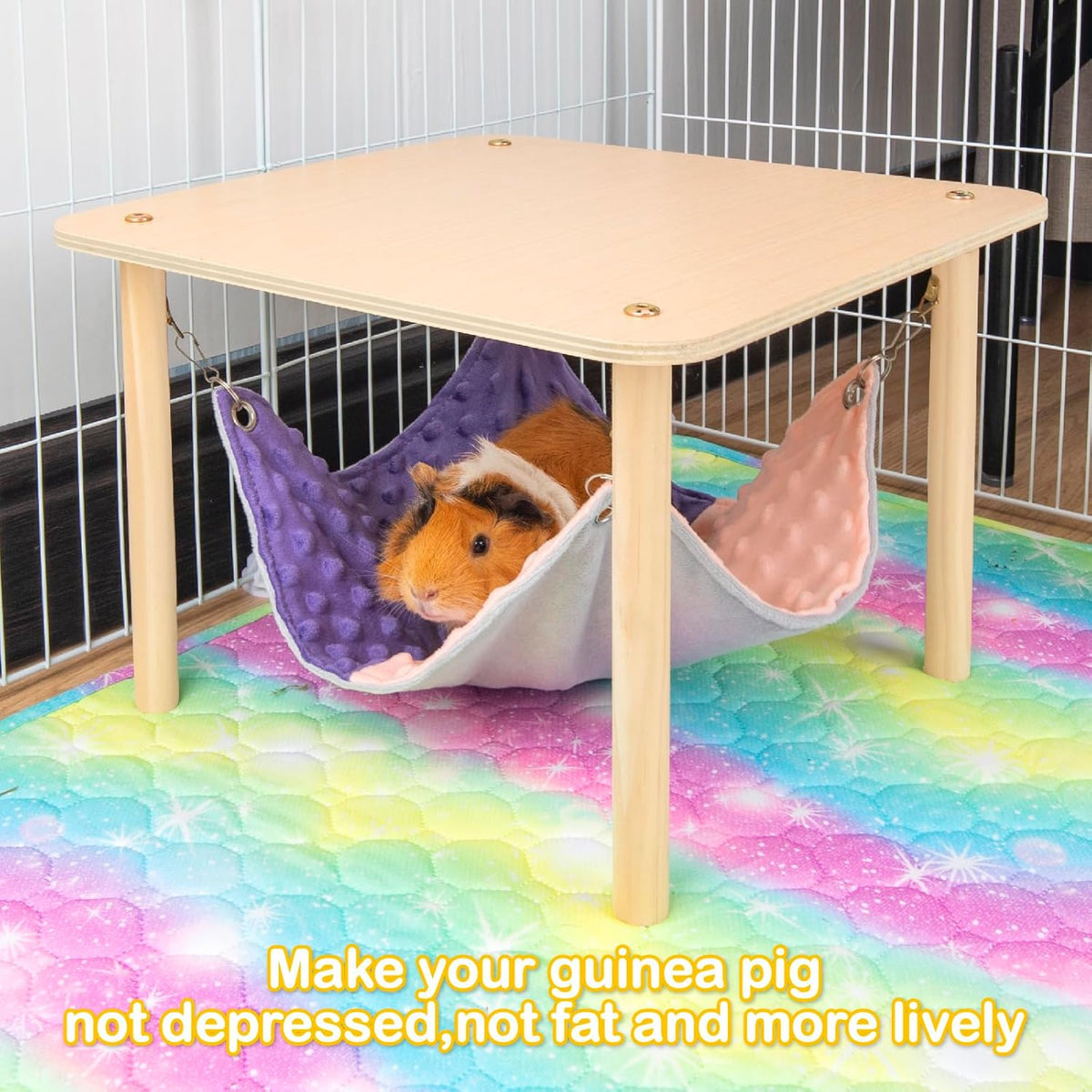Enlarged Guinea Pig Hammock with Wooden Stand,Small Animal Hanging Bed Large Platform for Guinea