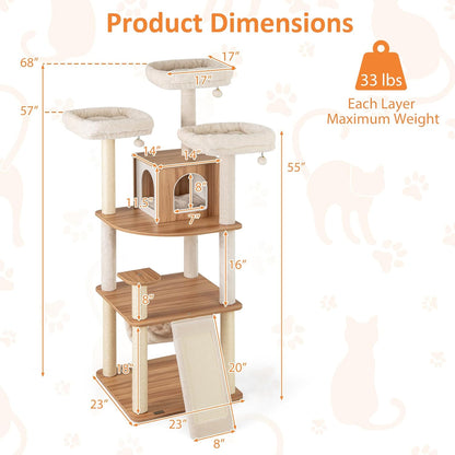 PETSITE 68 Inch Modern Tall Cat Tree for Indoor Cats, Multi-Level Wooden Cat Tree Tower with Sisal