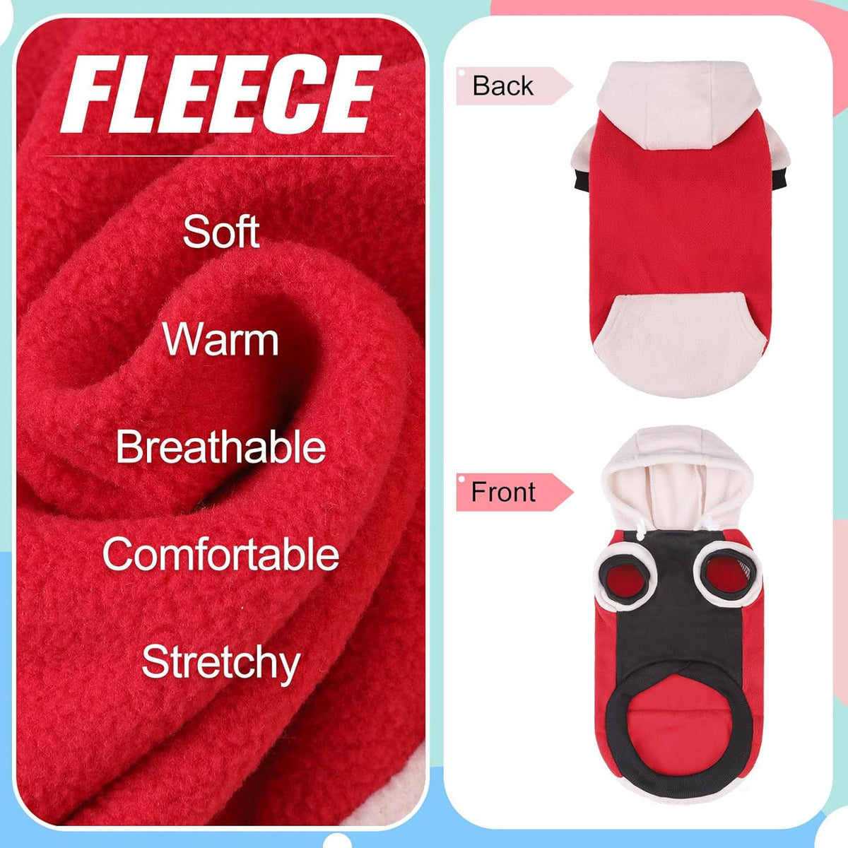 BEAUTYZOO Fleece Dog Hoodie Sweatershirt with Pocket and Leash Hole, Stretchy Small Medium Large
