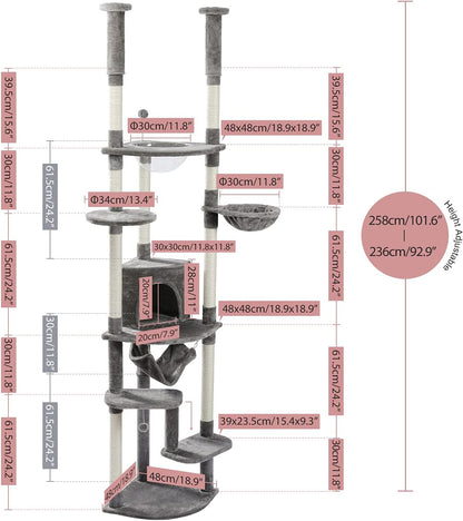 PEQULTI Floor to Ceiling Cat Tree 92.9’’-101.6’’ Height Adjustable Cat Tower Tall Kitty Climbing
