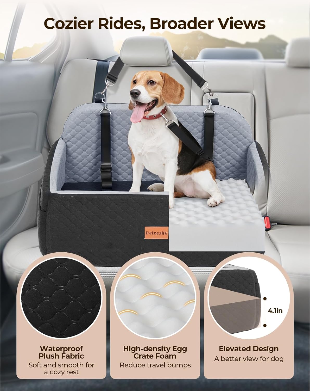 Dog Car Seat for Large Medium Dogs, Pet Car Seat Under 55 lbs or 2 Puppies, Removable Washable Pets